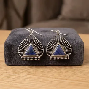 Natural Lapis Lazuli Brass <b>Earrings</b> | Handmade Gemstone <b>Earrings</b> - Product Image 3