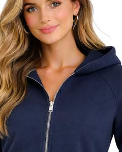 Sudadera Corta con Cremallera para Mujer, Manga Larga, Informal, de Felpa Suave, Estilo Urbano, Color Azul Marino, Moda Otoño Invierno - Product Image 3