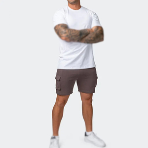 Shorts cargo gris uni en coton pour homme, taille mi-haute avec cordon de serrage, style décontracté, longueur bermuda, poches, tissu respirant - Product Image 6