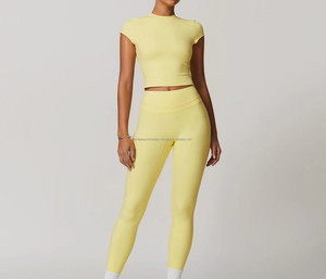 Conjunto de Yoga para Mujer de 4 Piezas con Logotipo Frontal, Cintura Alta, Color Sólido, Sin Costuras, para Gimnasio y Entrenamiento - Product Image 3