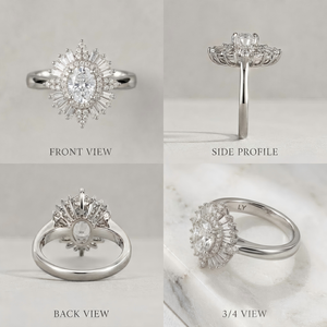 Oval Cut <b>Sunflower</b> Engagement <b>Ring</b> Brass Rhodium Plated Vintage Baguette Diamond Halo <b>Ring</b> for Bridal Jewelry - Product Image 5