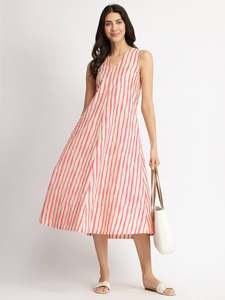 Pink Striped Dot A-Line Midi <b>Dress</b> <b>With</b> Short <b>Sleeves</b> Crew Neck Loose Fit Casual <b>Summer</b> Wear Woven Cotton Fabric Beautiful - Product Image 3