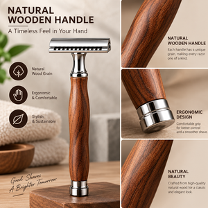 Rasoir de sécurité à double tranchant en acier inoxydable avec manche en bois pour hommes, idéal pour l'extérieur et les salons de coiffure - Product Image 2