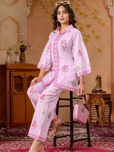 <b>Women</b> Pink Ethnic Printed Cotton Short <b>Kurta</b> With Palazzo Loose Fit Cotton Casual Set Summer Wear India Pakistan Style - Product Image 1