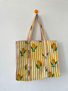 Sac fourre-tout en coton rayé jaune de qualité supérieure avec imprimé citron, style bohème, sac à main ouvert décontracté d'été pour femmes - Product Image 4