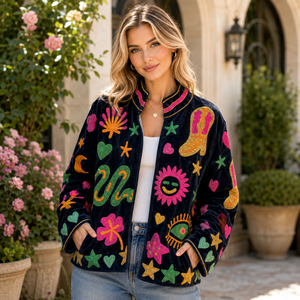 <b>Women</b> Handmade Suzani Quilted <b>Velvet</b> Winter Jacket | Boho Floral Embroidered Stand | Reversible Artisan <b>Coat</b> | Vintage Cotton - Product Image 2