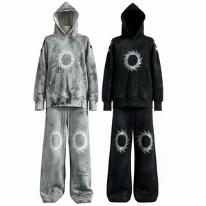 Vintage Washed Abstract Graphic <b>Tracksuit</b> Set Oversized Hoodie and Wide Leg Pants Streetwear Two Piece Outfit - Product Image 3
