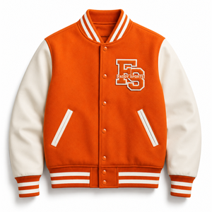 Veste universitaire en laine de haute qualité personnalisée pour hommes et femmes, orange, broderie vintage, patch, veste de baseball, veste bomber, streetwear - Product Image 1