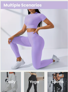 Lavender Ribbed Yoga Set High Waist Full Length <b>Leggings</b> With Short Sleeve <b>Crop</b> Top Seamless Four-Way Stretch Two Piece - Product Image 4