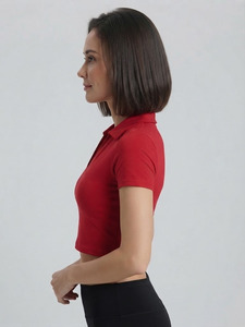 Top Corto Personalizado para Mujer, Estilo Veraniego, Ajustado, Manga Corta, Color Sólido, Tejido de Punto, Cuello Camisero - Product Image 3
