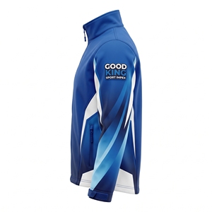 Veste softshell bleue et blanche sublimée, coupe incurvée, col montant zippé, imprimé graphique personnalisé motif vague, vêtement de performance athlétique coupe-vent - Product Image 4