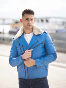 Vestes en cuir personnalisées bouffant d'hiver bleu classique à séchage rapide veste en cuir véritable pour hommes - Product Image 3