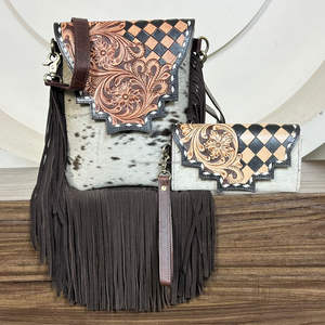 New Product Hand Tooled Cowhide Leather Fringe Crossbody Bag With Checkered Design Matching Women's Clutch Set Stylish Purse - Product Image 4