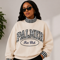 Sweat-shirt surdimensionné pour femme à col montant, personnalisé avec applique lettre PALMER en gingham, texte brodé Run Club, style preppy universitaire