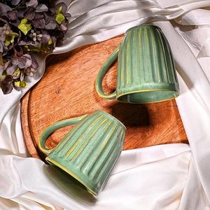 Groovy Green Ribbed Ceramic Coffee <b>Mug</b> Set of 2 Microwave Safe <b>Tea</b> <b>Mug</b> with Creative Tray Unique Pattern Milk <b>Mugs</b> - Product Image 1