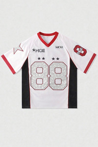 Bulk Women's Rhinestone American Football Jersey Custom V-Neck Urban Mesh Tops Private <b>Label</b> Red Contrast Streetwear Supply - Product Image 3