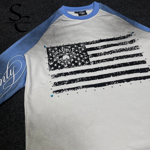 Custom Top Quality Printed Long Sleeve <b>Shirt</b> 100% Cotton French terry Fabric Dirty Fade And Rhinestone Best Street wear Style - Product Image 5