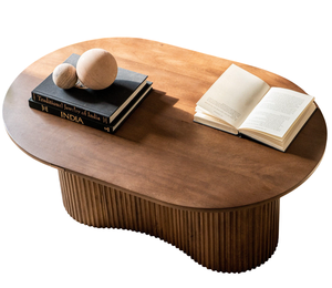 Table basse moderne en bois de manguier massif avec plateau ovale, base à motifs sculptés Linn et finition marron, style décoration intérieure - Product Image 5