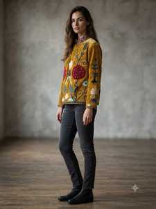 Veste Suzani jaune moutarde, faite à la main, brodée, veste pour femme, broderie indienne vintage Suzani, manteau bohème ethnique tribal - Product Image 4