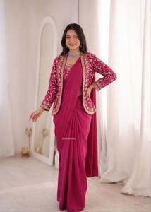 Designer Ready to Wear Saree Set Heavy Satin Saree with Embroidered Blouse Satin Saree with Designer <b>Jacket</b> for <b>Womens</b> at Best - Product Image 4