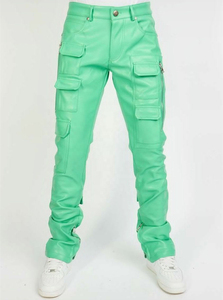 Pantalon cargo en cuir PU vert pour homme, taille haute, coupe droite, plusieurs poches, style streetwear, vêtements d'été - Product Image 3