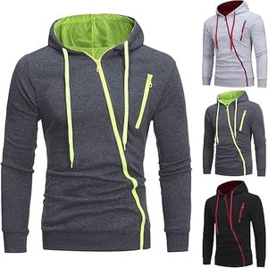 Sudadera con capucha para hombre al por mayor, con cremallera oblicua, gris oscuro, con contraste de verde neón, forro de capucha, bolsillo con cremallera en el pecho, corte regular, informal, 100% algodón - Product Image 1