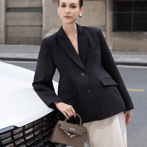 Notched Collar Full Sleeve 2 Piece Long <b>Set</b> Solid Plain Dyed Woven Silk Asymmetric Breathable Office Full Length Women's <b>Blazer</b> - Product Image 1