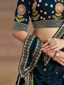 Blue Georgette <b>Lehenga</b> Choli Floral Zari Embroidered V-neck A-Line Floor-Length Quick Dry Bridesmaid Dress Traditional Wedding - Product Image 6