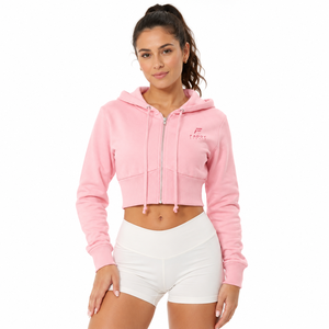 Wholesale Women Custom Logo Pink Zip Up <b>Cropped</b> Hoodie Slim Fit Long Sleeve Sweatshirt Athletic Gym Fitness Streetwear Crop <b>Top</b> - Product Image 1