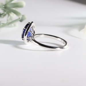 Anillo de compromiso vintage de oro blanco con diamante de corte pera azul real cultivado en laboratorio, clásico solitario con halo en forma de lágrima, banda de boda, regalo para fiesta - Product Image 4