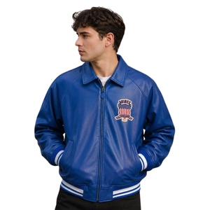 Averix Style Blue Leather Bomber Jacket | Vintage Unisex Streetwear <b>Coat</b> with Embroidery Front Logo High-Volume Urban Outerwear - Product Image 3