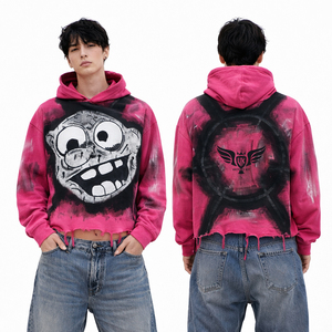 เสื้อฮู้ดดี้พิมพ์ลายกราฟิกสีชมพูสำหรับผู้ชายรุ่นใหม่ปี 2026 สไตล์วินเทจขาดๆ แบบสตรีทแวร์ทรงโอเวอร์ไซส์ - Product Image 1