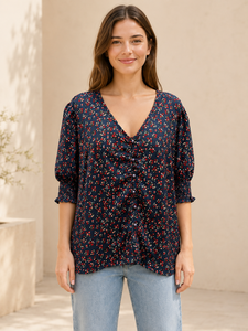 Navy Blue Floral Print Top V Neck Puff Half Sleeve Ruched Front Ladies Tunic Shirt Casual Daily Wear Clothes Wholesale Exporter - Product Image 5