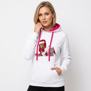 Felpa Invernale da Donna Bianca Vintage con Cappuccio, Stampa Natalizia Cani e <span class=keywords><strong>Gatti</strong></span>, Cordoncini Rosa, 100% Cotone Lavorato a Maglia, Anti-restringimento - Product Image 4