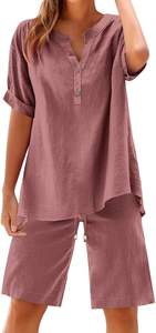 Ensemble de détente 1 pièce en coton tricoté pour femme, haut long et short, tenue décontractée pour la maison, vente directe usine - Product Image 3