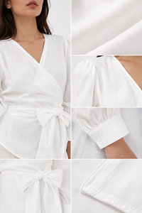 Chemisier élégant en coton tissé décontracté à encolure en V et taille nouée, blanc, à manches longues, pour le bureau et la mode estivale – Vente en gros - Product Image 3