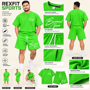 เสื้อยืดและกางเกงขาสั้นลายกราฟิกสตรีทแวร์สำหรับผู้ชาย ชุดลำลองไซส์ใหญ่สำหรับฤดูร้อน ชุด 2 ชิ้น ผลิตจากโรงงาน - Product Image 1