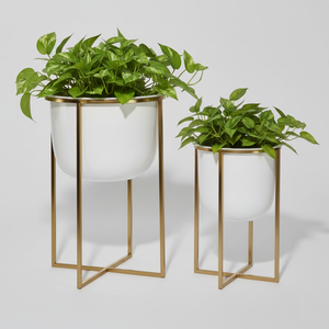 Modern White Planter with Gold Plated Metal Stand <b>for</b> Indoor Green <b>Plants</b> Home Decor Minimalist Style - Product Image 1