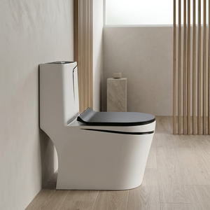 Inodoro de una Pieza Contemporáneo en Color Blanco con Asiento Negro y Descarga de Doble Flujo con Sifón - Product Image 2