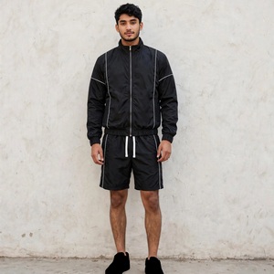 Men's Black Full Zip Tracksuit <b>Jacket</b> With <b>White</b> Piping Stand Collar Sporty Style Lightweight Quick Dry Regular Fit Shorts Set - Product Image 1