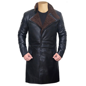 Plus Size Men's <b>Black</b> Leather Trench <b>Coat</b> Long Overcoat <b>With</b> <b>Fur</b> <b>Collar</b> Single Breasted Winter Jacket - Product Image 1