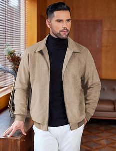 BNSB SPORTS <b>Men's</b> Beige Faux <b>Suede</b> Bomber <b>Jacket</b> Zip Front Turn Down Collar Ribbed Cuffs Casual Winter Outerwear - Product Image 6