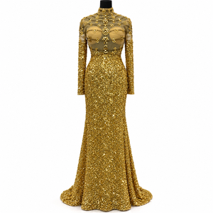 Gold Floral <b>Sequin</b> Mermaid Gown with High Neck and Sheer Sleeves | Floor Length Formal Dress with Beaded Bodice and Flared Hem - Product Image 1