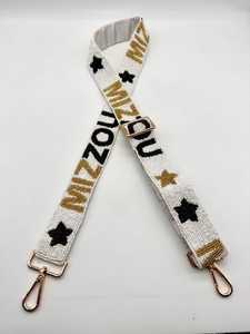 Handmade Embroidered Cotton <b>Handbag</b> Strap with Stars and Letters Rectangular Shape Black Gold <b>Silver</b> Hooks - Product Image 2