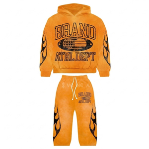 Conjunto de chándal vintage personalizado con pedrería y lavado ácido, de forro polar, corte holgado, con pantalón acampanado, OEM, estampado, de 2 piezas - Product Image 1