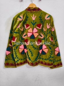 Indian Suzani Soft Velvet Mandarin Collar Jacket Full Sleeve Autumn <b>Women's</b> <b>Coat</b> Embroidered Floral Handmade Patterned Outerwear - Product Image 1