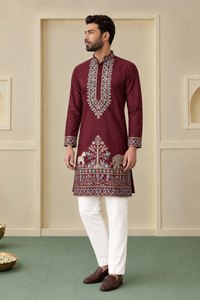 Men's Maroon Embroidered <b>Silk</b> <b>Kurta</b> White Churidar Wedding Indian/Pakistani Traditional Wear Ankle-Length Regular Fit Quick Dry - Product Image 5