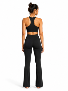 Ensemble de yoga noir 2 pièces : Crop top dos nageur col rond et Legging taille haute longueur intégrale, avec surpiqûres contrastées, sans coutures, écologique - Product Image 3