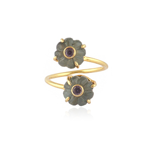 Designer gemstone gold plated <b>ring</b> natural labradorite hand carved double gemstone <b>adjustable</b> <b>rings</b> with tiny purple cz accent - Product Image 1