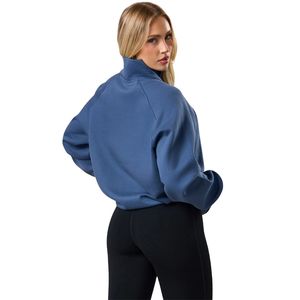 Sweat-shirt pour femme en molleton bleu acier à manches raglan, col montant et quart de zip, manches longues, style streetwear décontracté, coupe ample et confortable - Product Image 2
